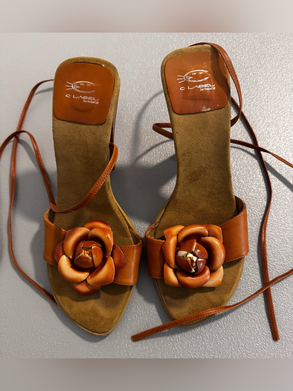 C Label Leather Brown Rose Flower Heeled Slides with Ankle Wrap Size 7.5